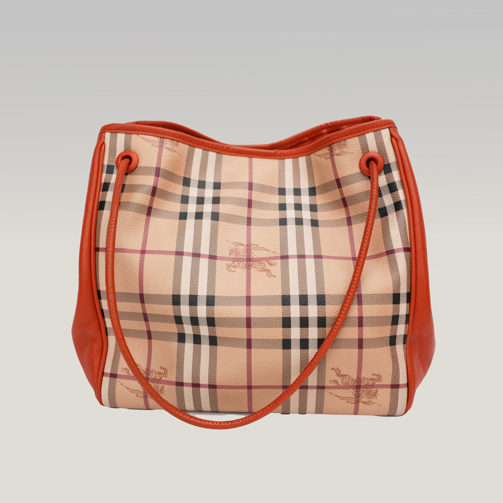 Burberry Borsa a Spalla Nova Check Beige con Dettagli Arancioni in Pelle
