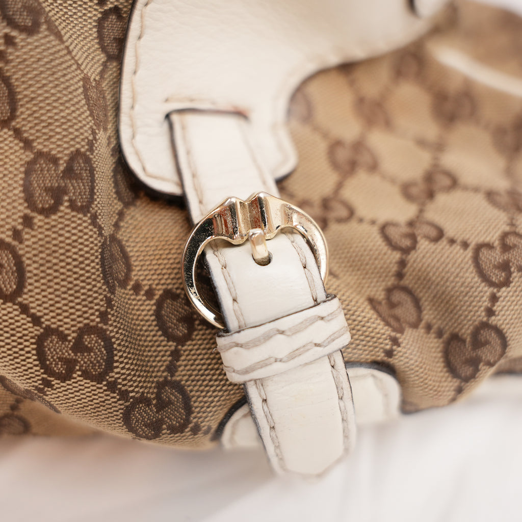 Gucci Borsa a Spalla Grande Vintage in Tela GG Beige e Pelle Bianca