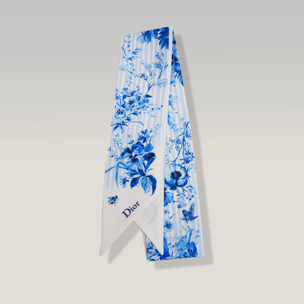 Dior Foulard Mitzah in Seta Blu con Stampa Floreale Toile de Jouy