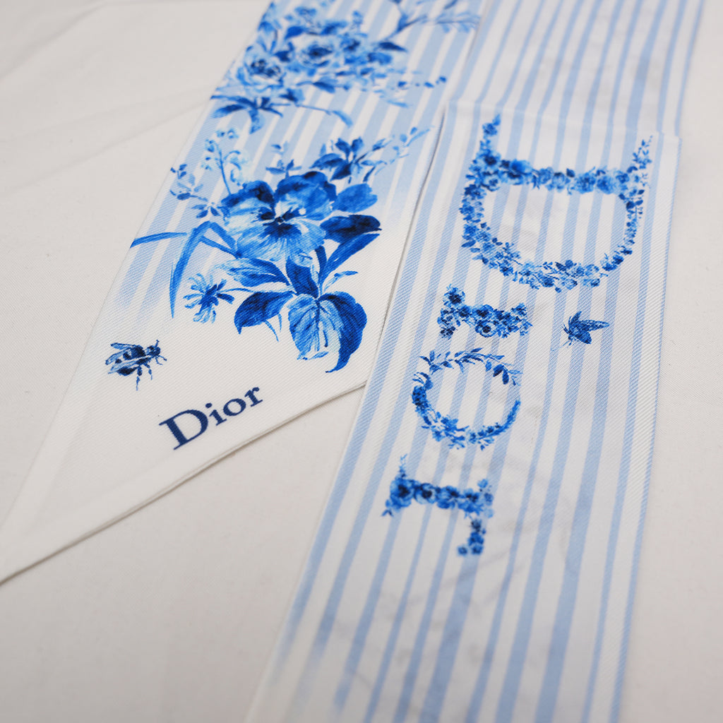Dior Foulard Mitzah in Seta Blu con Stampa Floreale Toile de Jouy