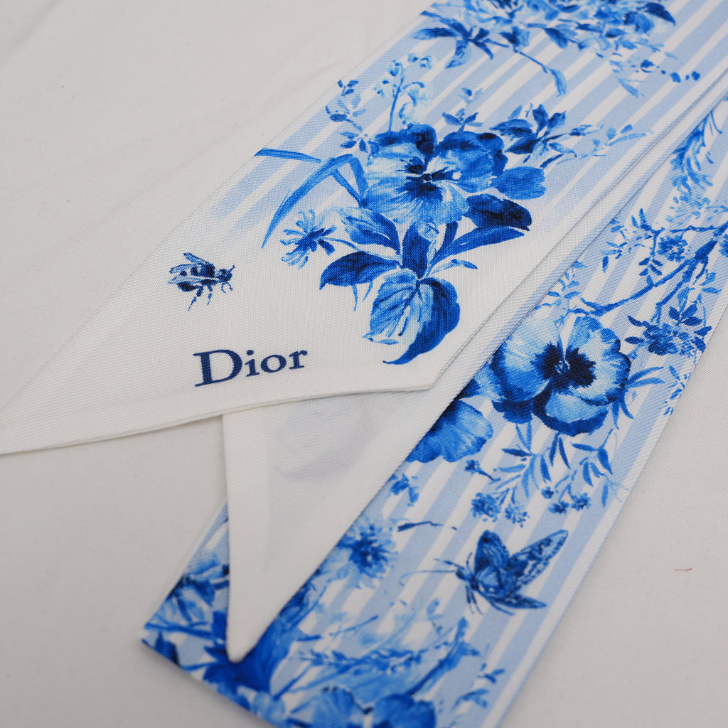 Dior Foulard Mitzah in Seta Blu con Stampa Floreale Toile de Jouy