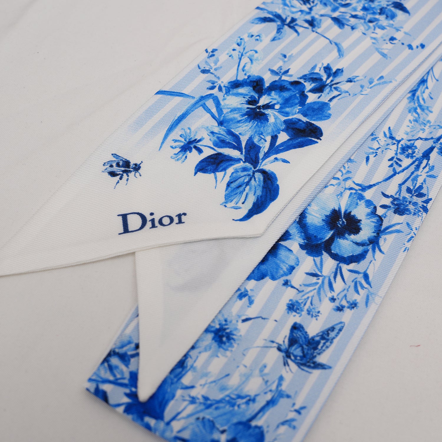 Dior Foulard Mitzah in Seta Blu con Stampa Floreale Toile de Jouy
