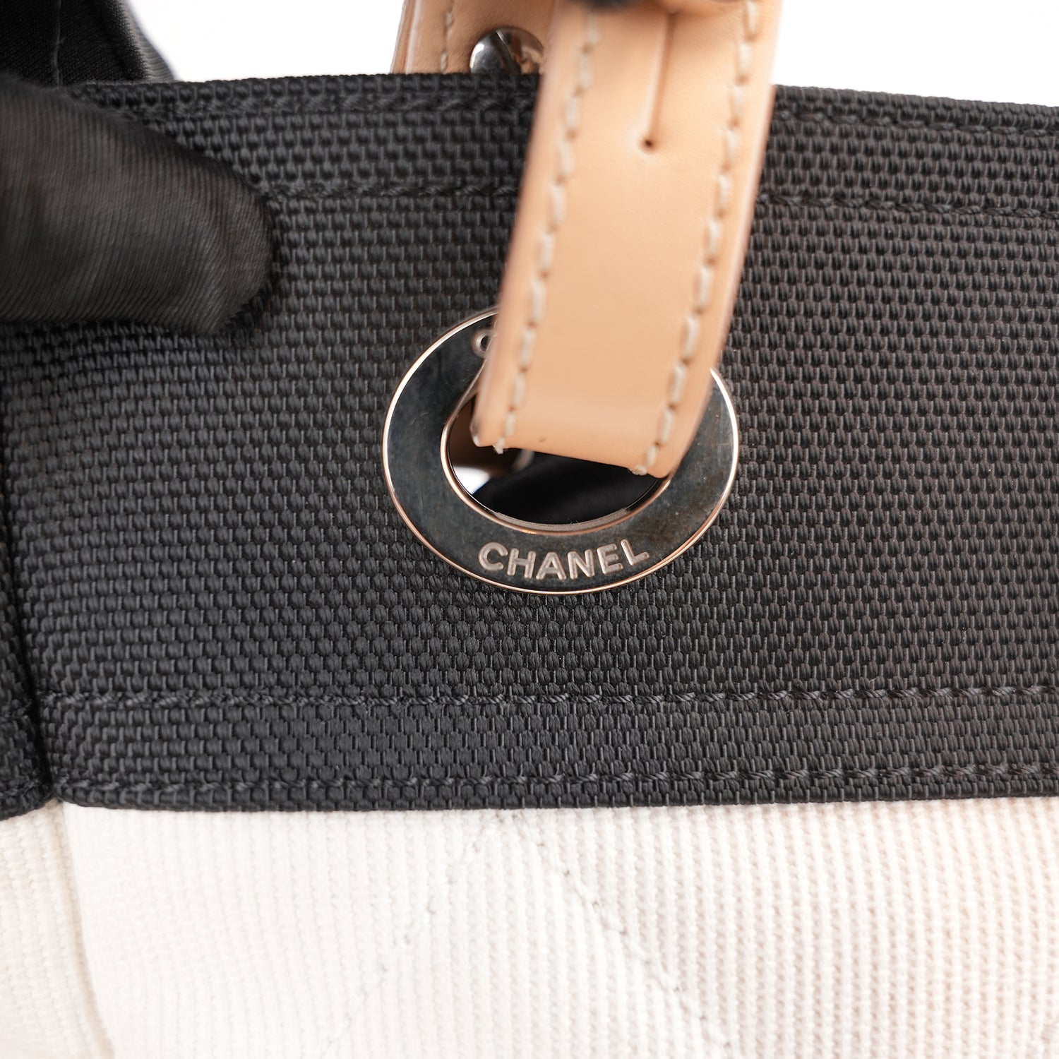 Chanel Paris Biarritz Small Tote White Black Canvas Shoulder Bag CC Medallion