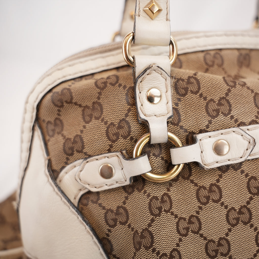 Gucci Borsa a Spalla Grande Vintage in Tela GG Beige e Pelle Bianca