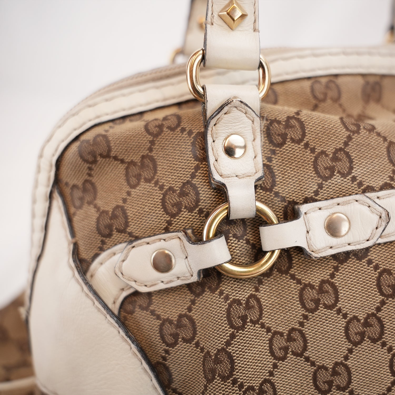 Gucci Borsa a Spalla Grande Vintage in Tela GG Beige e Pelle Bianca