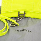 Balenciaga Hourglass XS Borsa a Mano in Pelle Effetto Coccodrillo Giallo Fluo con Logo B Argentato