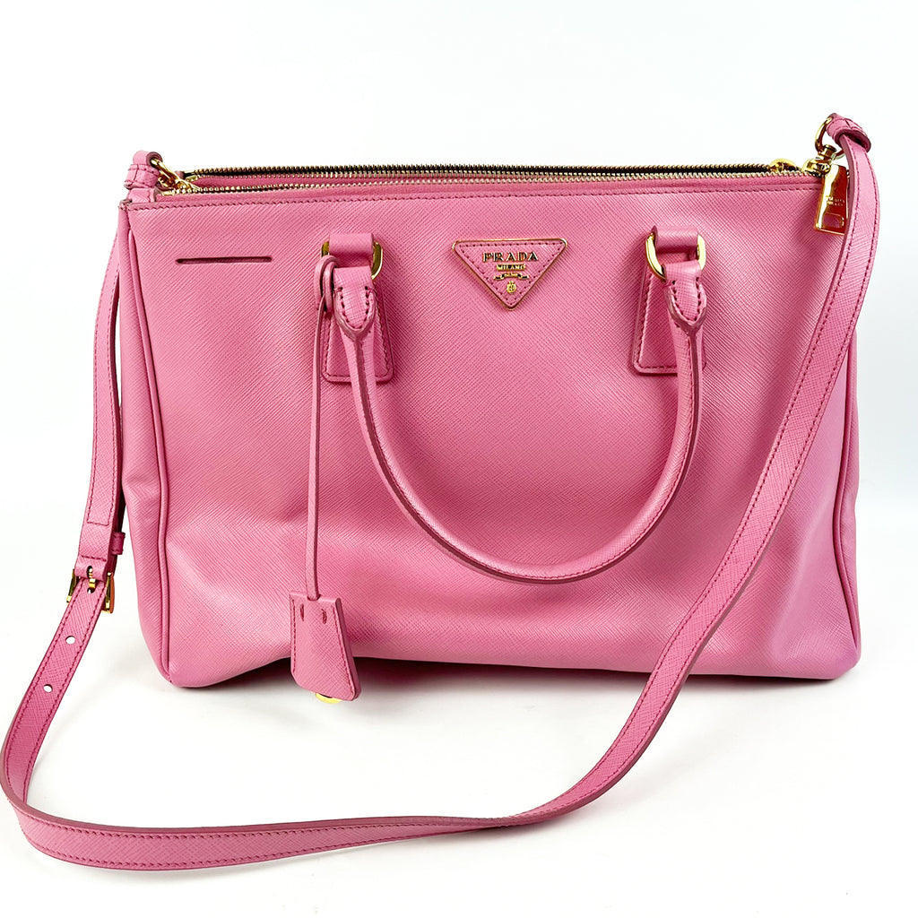 Prada Galleria Small Bag in Pelle Saffiano Rosa con Tracolla e Doppio Manico