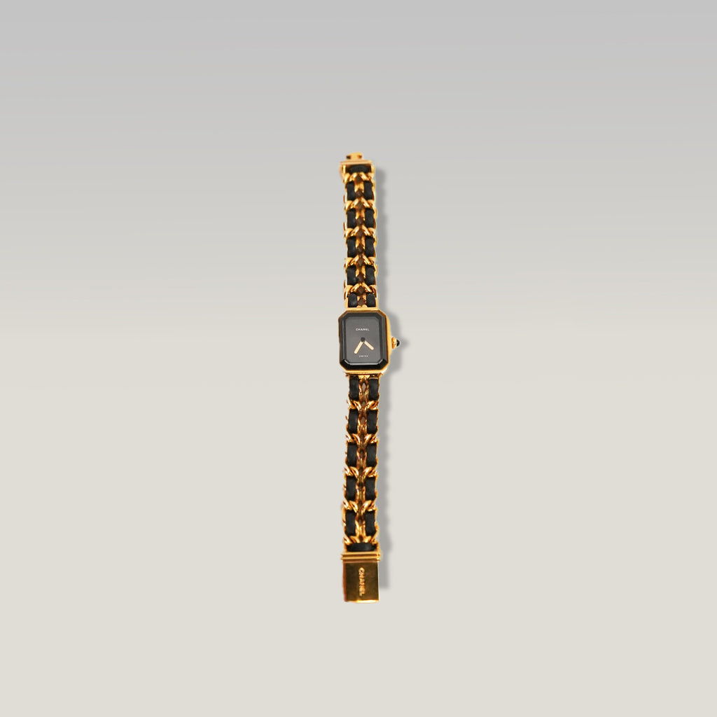 Chanel Première Orologio Nero e Oro con Bracciale a Catena in Pelle e Metallo Dorato