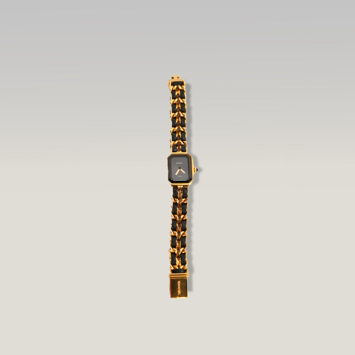 Chanel Première Orologio Nero e Oro con Bracciale a Catena in Pelle e Metallo Dorato