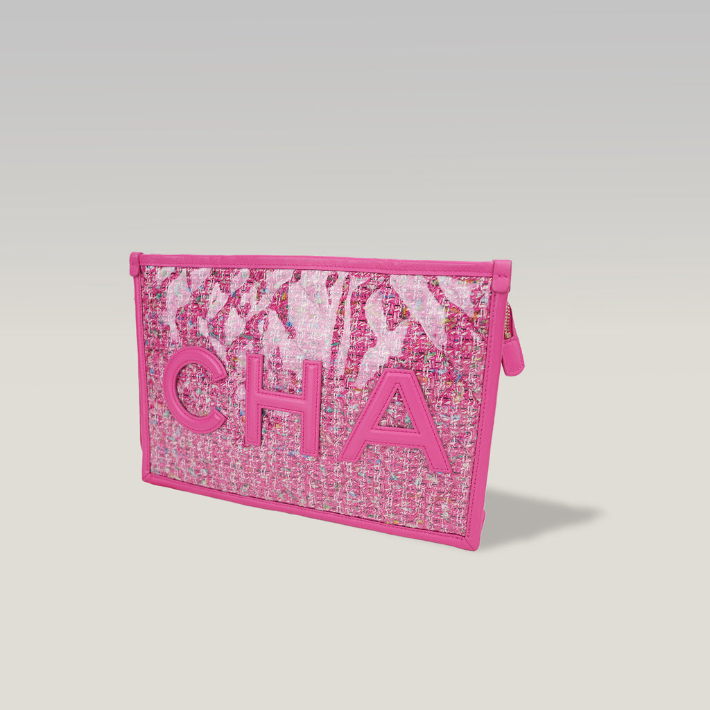 Chanel Clutch Pouch in Tweed Rosa Multicolore e PVC Trasparente con Maxi Logo CHANEL – Con Carta e Dust Bag
