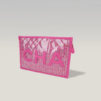 Chanel Clutch Pouch in Tweed Rosa Multicolore e PVC Trasparente con Maxi Logo CHANEL – Con Carta e Dust Bag