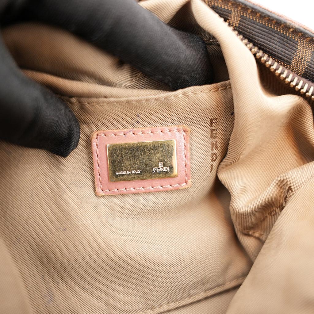 Fendi Chef Vintage Borsa a Spalla Zucca in Tela Marrone con Finiture Rosa
