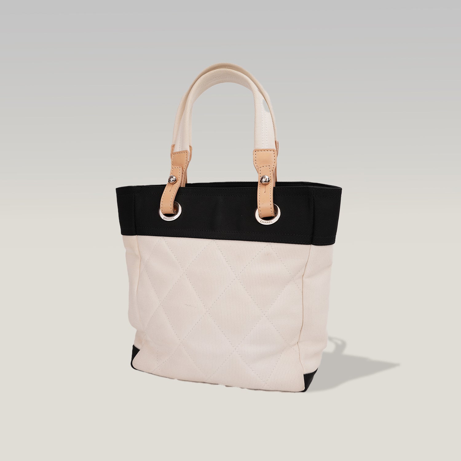 Chanel Paris Biarritz Small Tote White Black Canvas Shoulder Bag CC Medallion