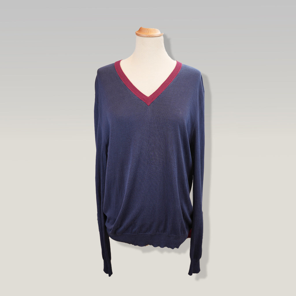 Burberry London Maglia Donna Blu Navy in Seta e Cotone Pullover Scollo V Elegante