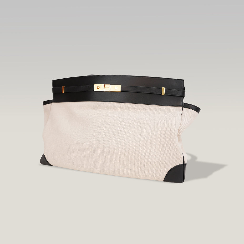 Saint Laurent Manhattan Large Shopping Tote White Canvas Black Leather Trim Shoulder Bag
