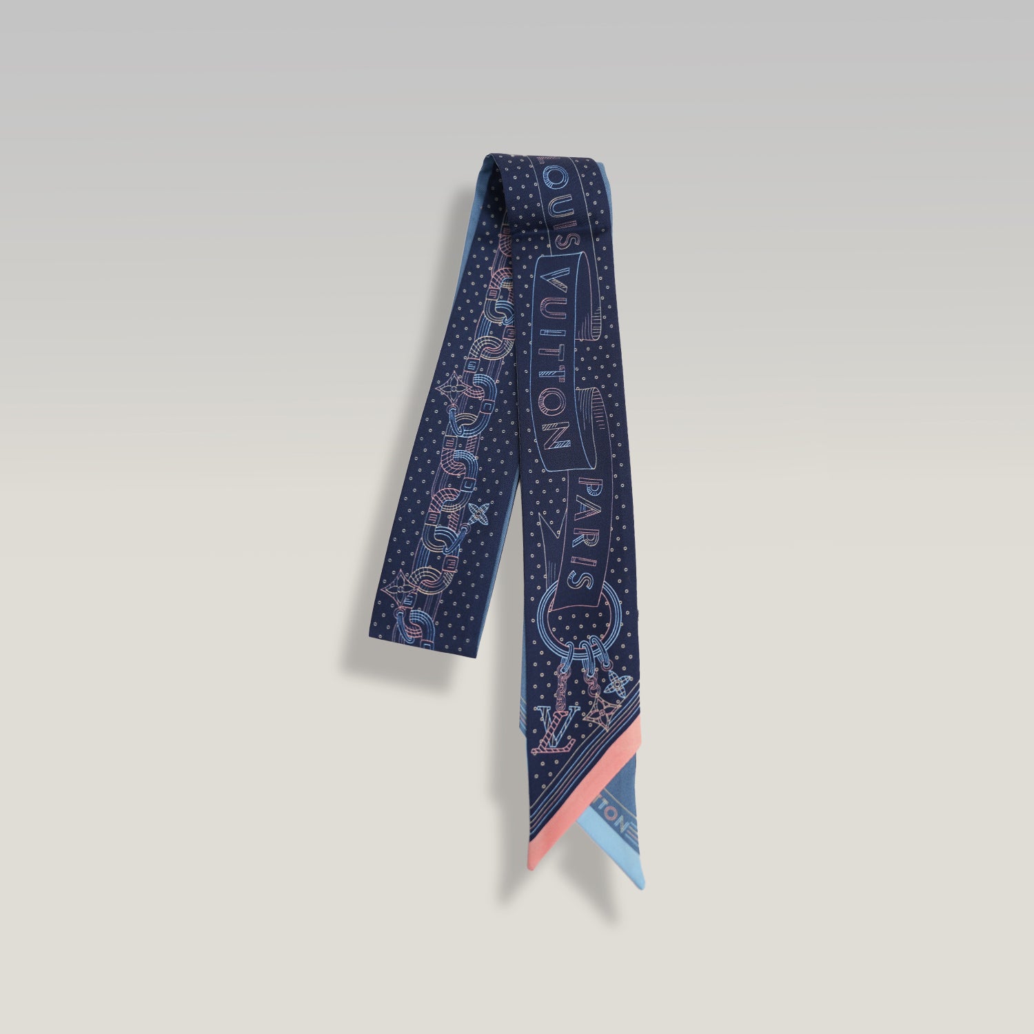 Louis Vuitton Bandeau Silk Scarf Blue Pink Monogram Travel Print Twilly