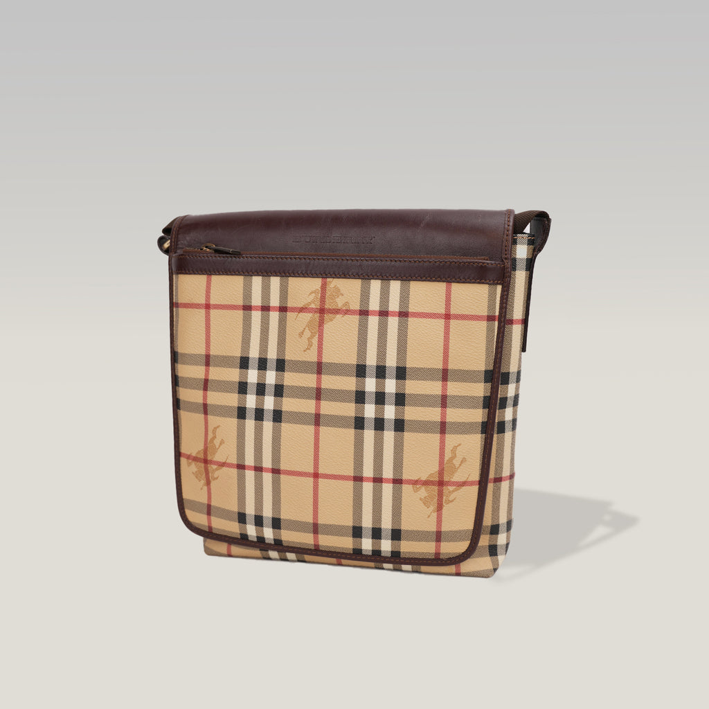 Burberry Vintage Nova Check Messenger Bag Beige Canvas & Brown Leather Crossbody Bag