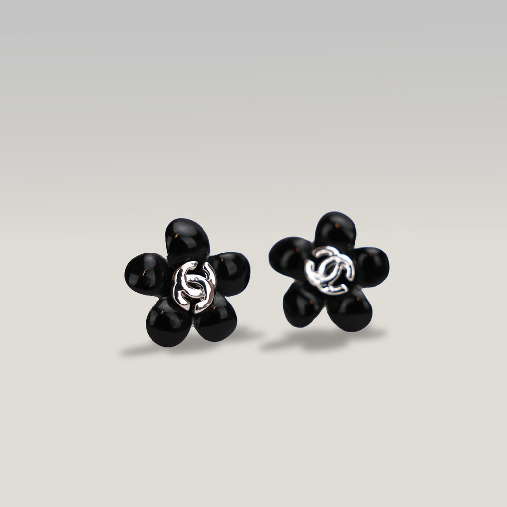 CHANEL Black Flower Heart Logo Stud Earrings
