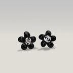 CHANEL Black Flower Heart Logo Stud Earrings