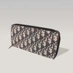 Dior Oblique Portafoglio Lungo Zip Around in Jacquard Beige e Blu con Finiture Nere