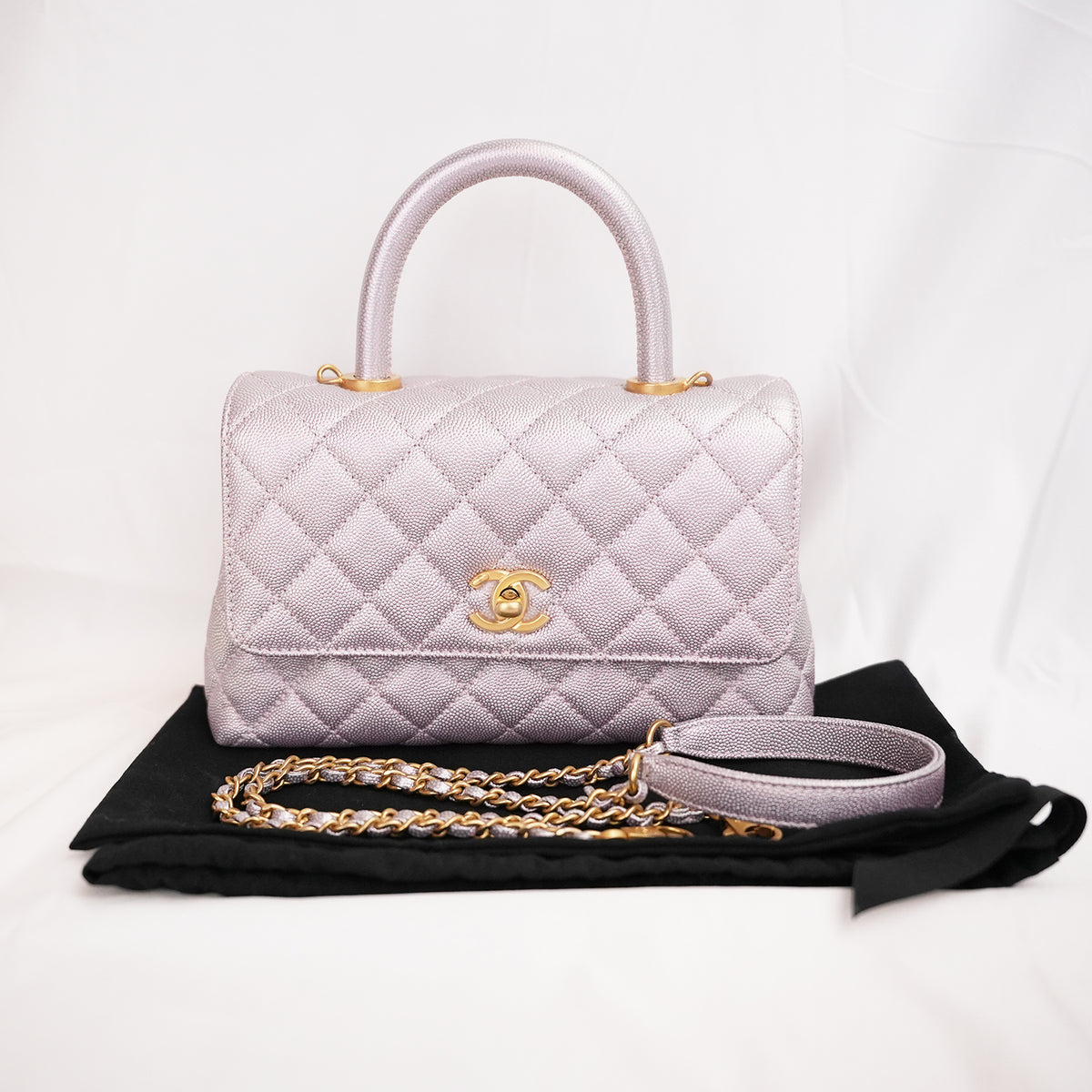 Chanel Coco Handle Small Iridescente Lilla in Pelle Caviar con Hardware Dorato