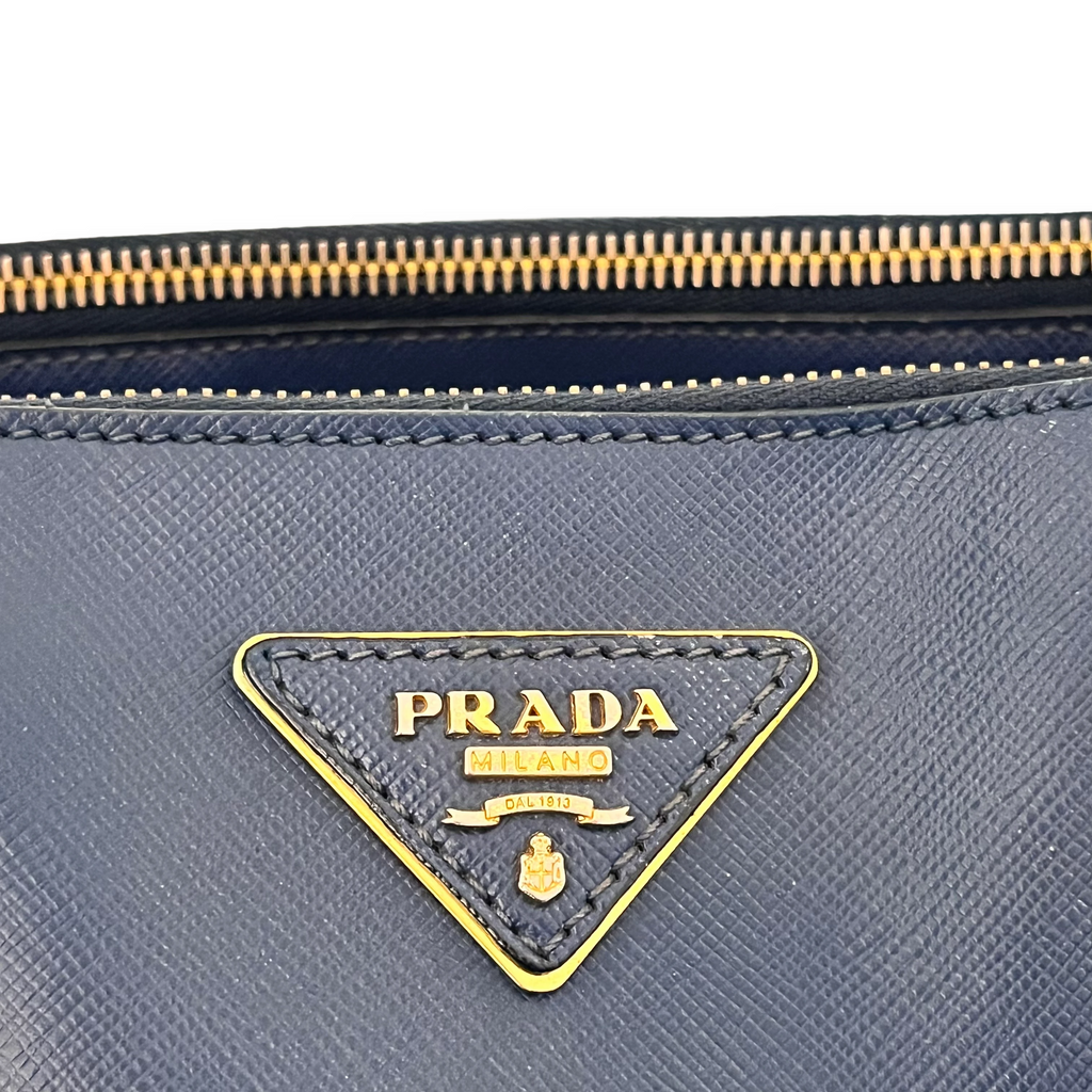 Prada Galleria Double Zip Medium in Pelle Saffiano Lux Blu Scuro