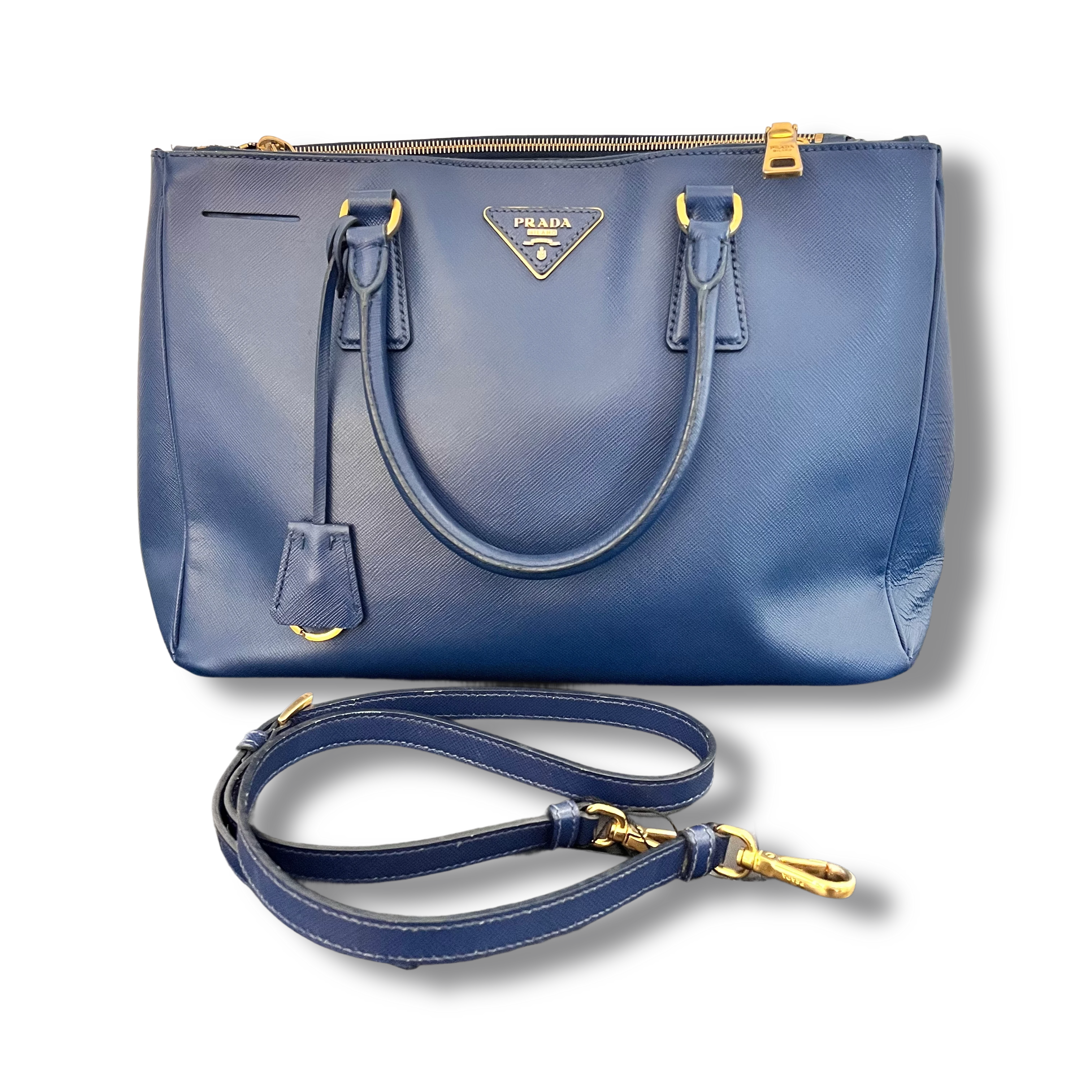 Prada Galleria Double Zip Medium in Pelle Saffiano Lux Blu Scuro