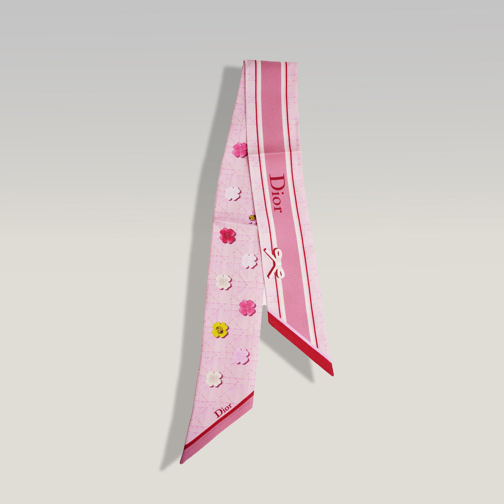Dior Pink Silk Twilly with Four-Leaf Clover Motif 