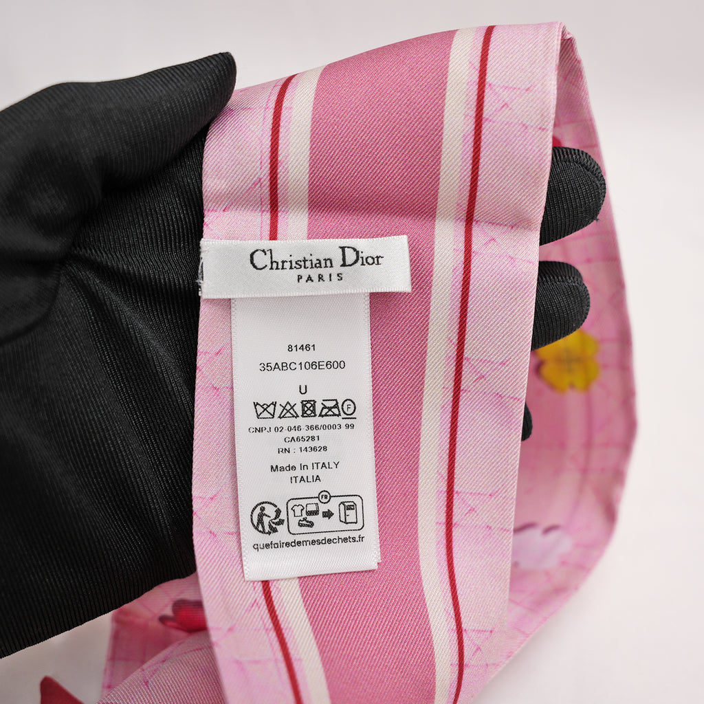 Dior Pink Silk Twilly with Four-Leaf Clover Motif 