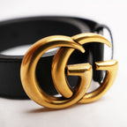 Gucci Women's Black Leather Belt with Vintage Gold Double G Buckle
