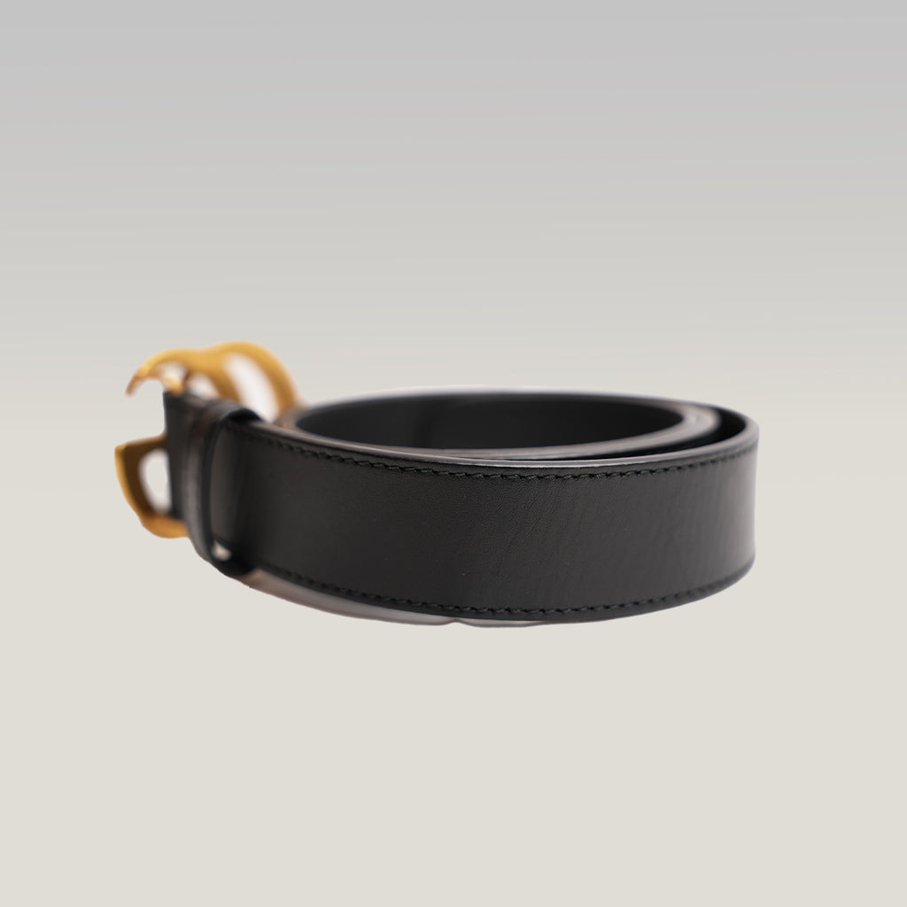 Gucci Women's Black Leather Belt with Vintage Gold Double G Buckle