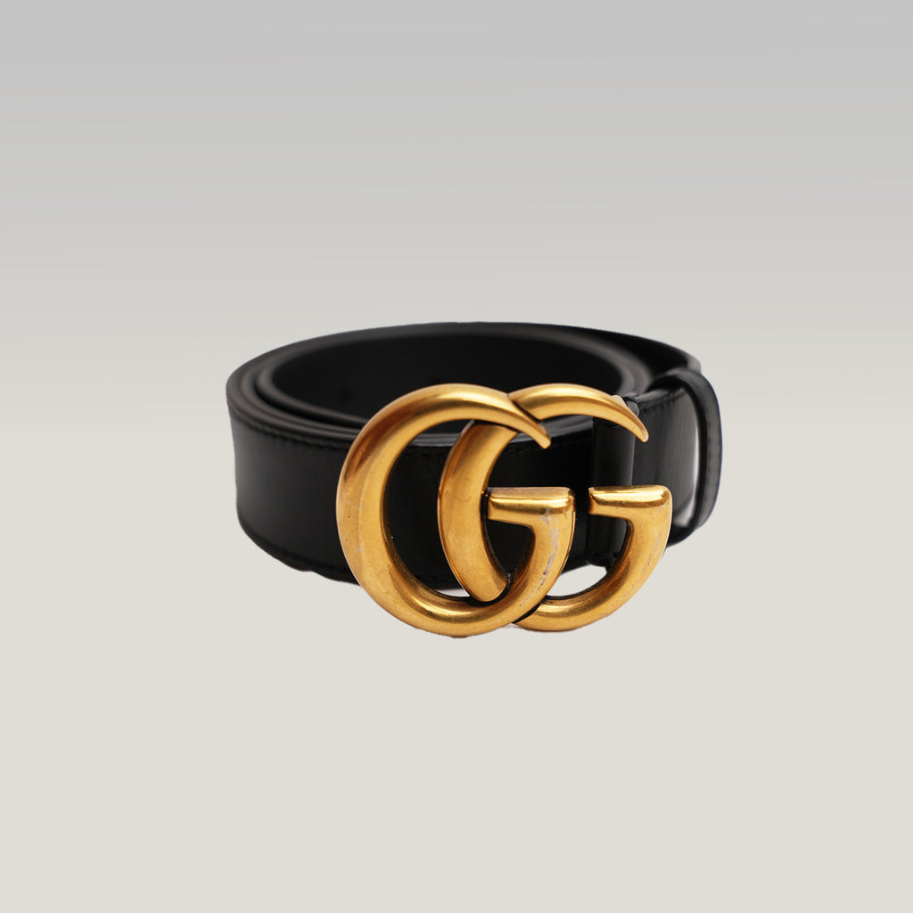 Gucci Women's Black Leather Belt with Vintage Gold Double G Buckle