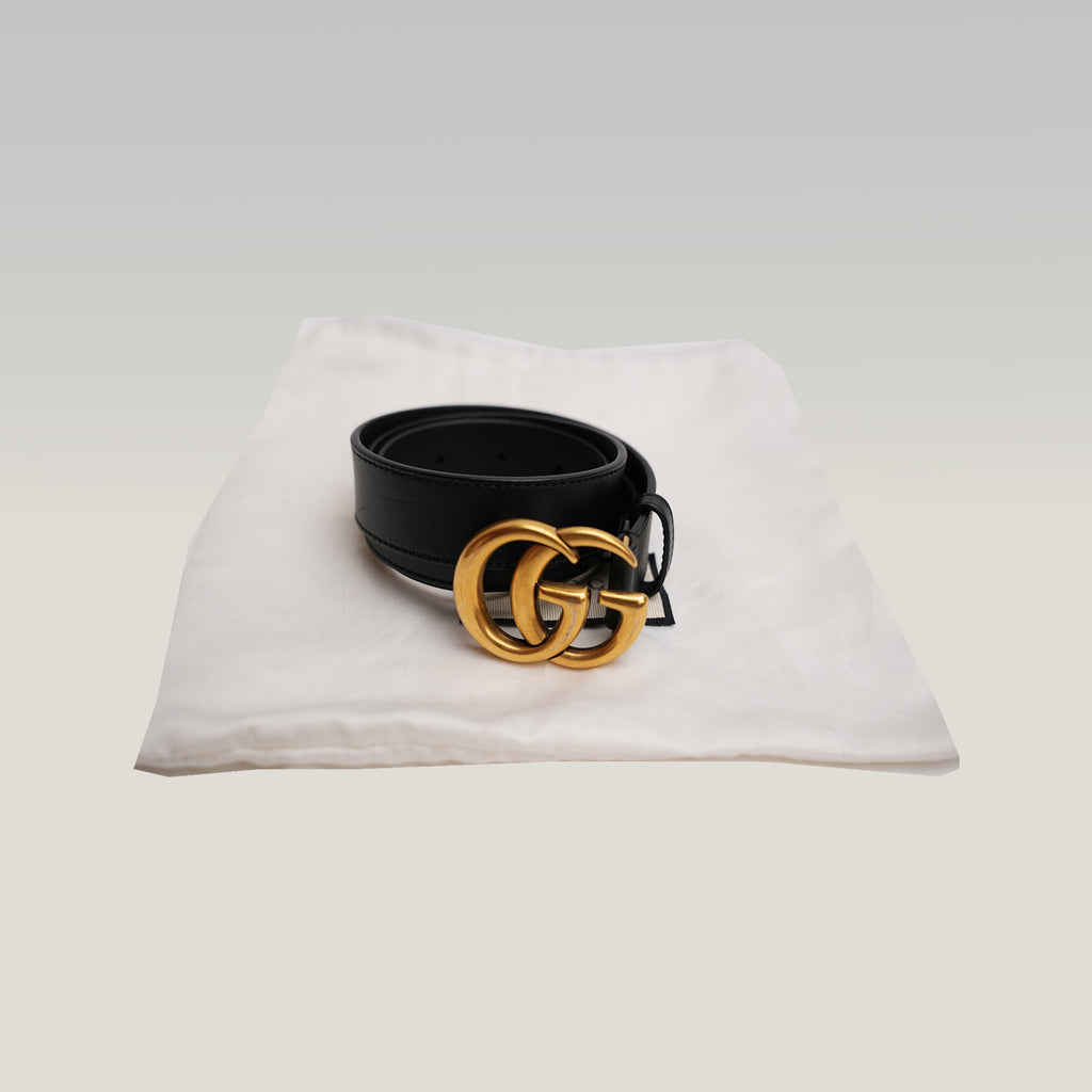 Gucci Women's Black Leather Belt with Vintage Gold Double G Buckle
