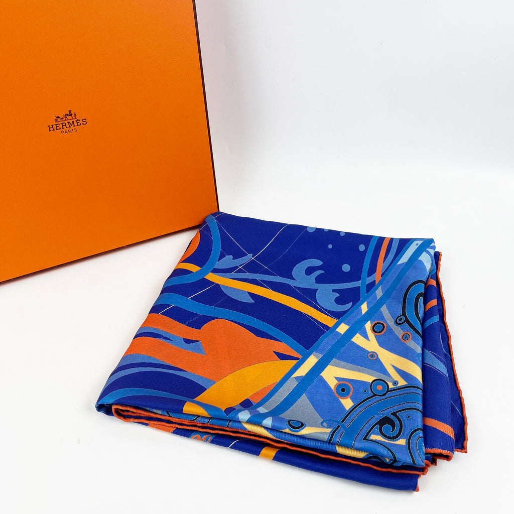 Hermès Blue Multicolor Silk Carré Scarf with Abstract Motif
