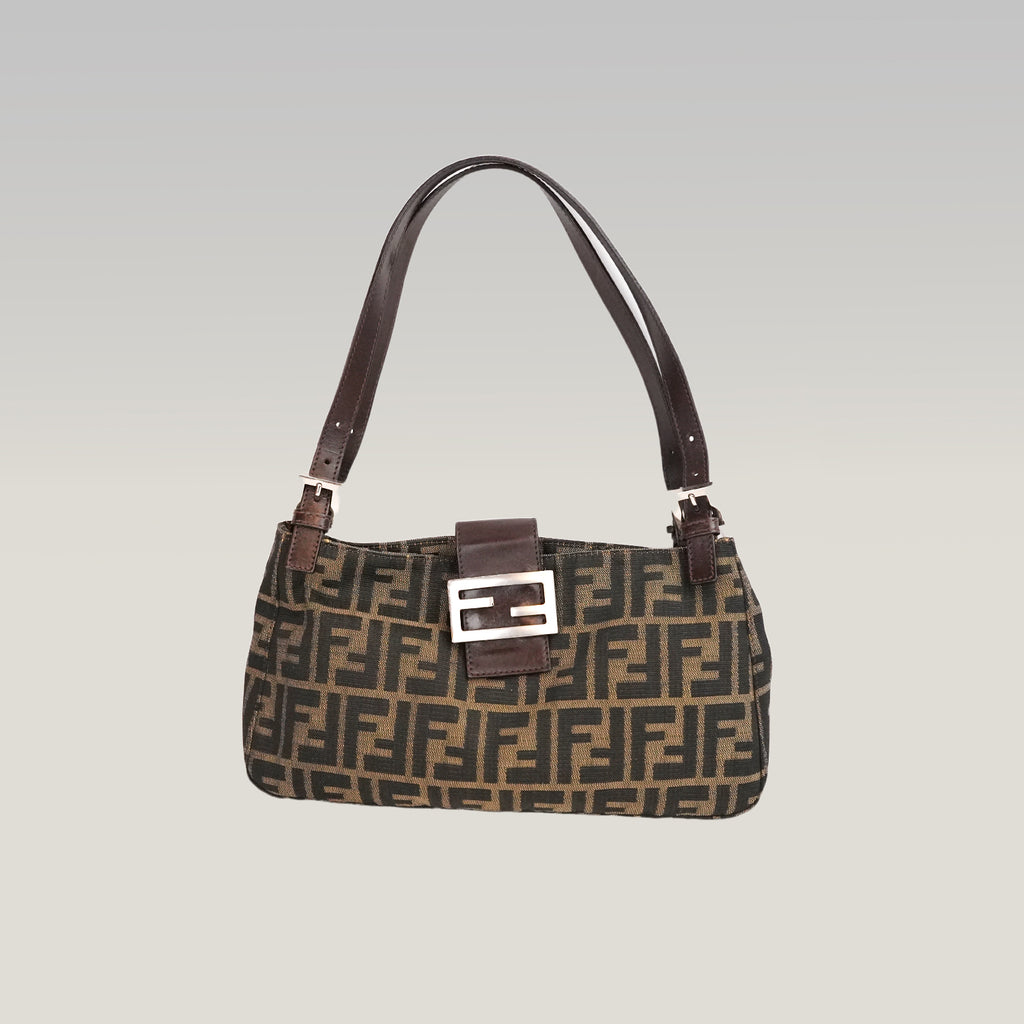 Fendi Zucca Shoulder Bag Media Marrone in Tela FF con Pelle e Hardware Argento