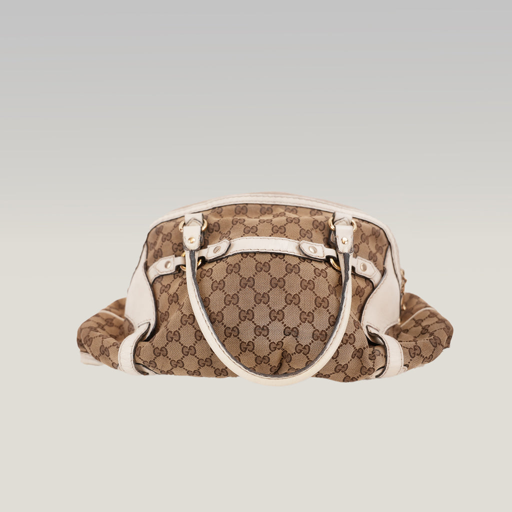 Gucci Borsa a Spalla Grande Vintage in Tela GG Beige e Pelle Bianca