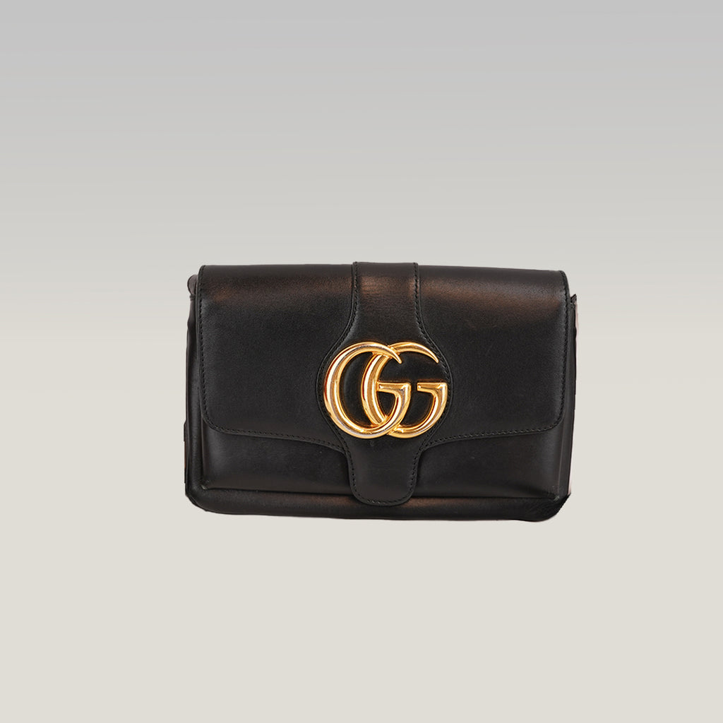 Gucci Arli Borsa a Tracolla in Pelle Nera con Logo Doppia G Dorato
