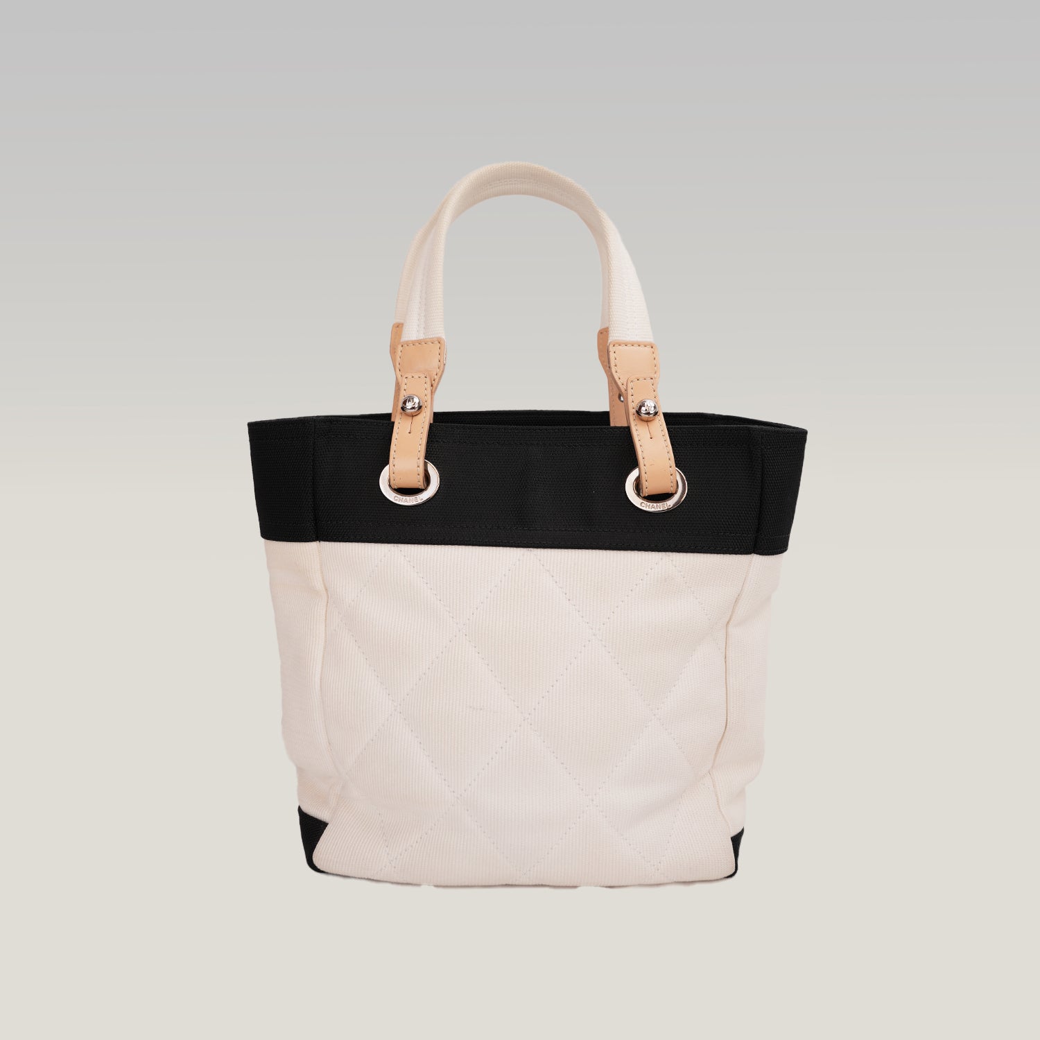 Chanel Paris Biarritz Small Tote White Black Canvas Shoulder Bag CC Medallion