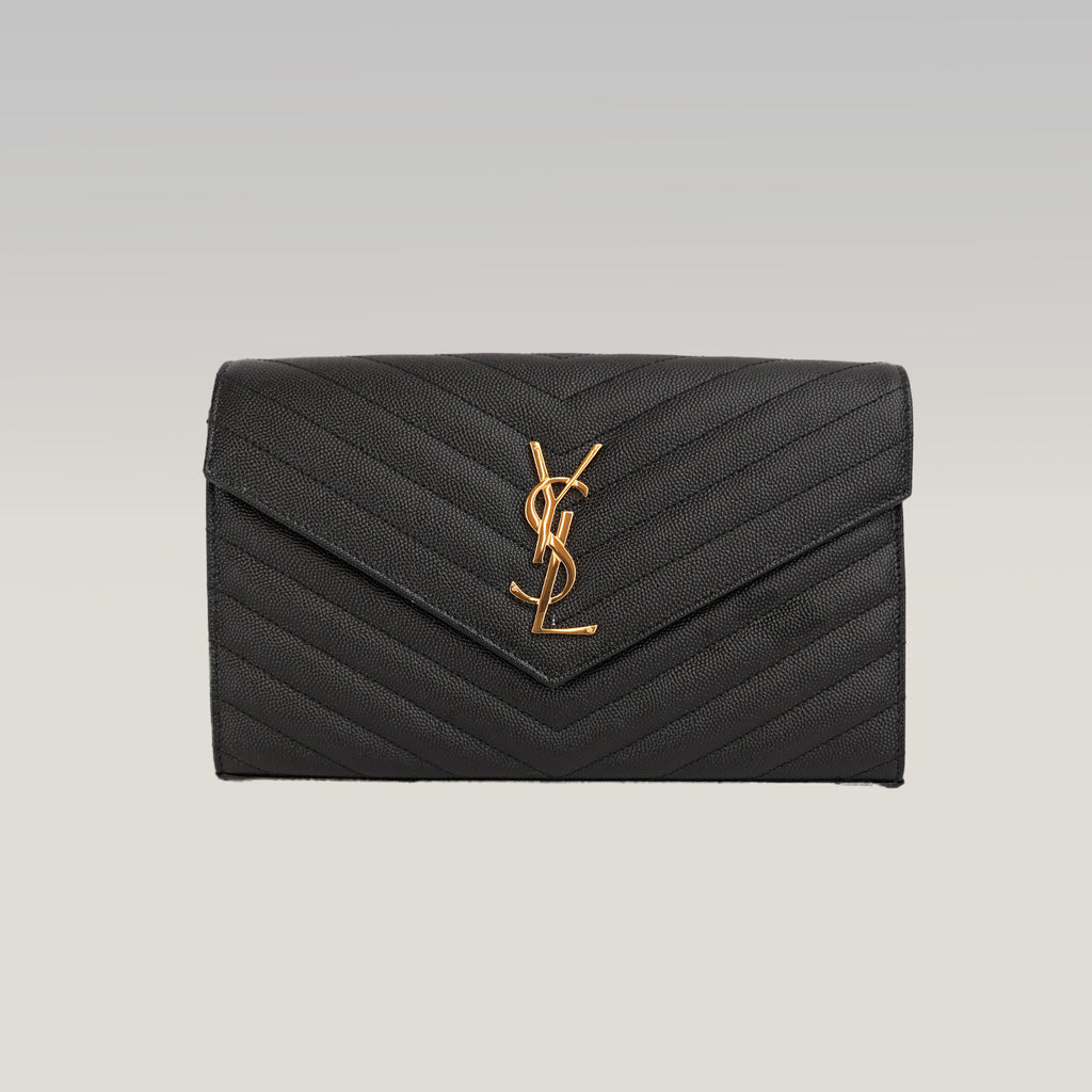 Pochette Saint Laurent Monogram Nera in Pelle Matelassé Chevron con Logo YSL Dorato
