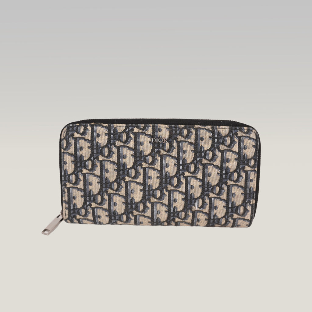 Dior Oblique Portafoglio Lungo Zip Around in Jacquard Beige e Blu con Finiture Nere