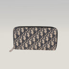 Dior Oblique Portafoglio Lungo Zip Around in Jacquard Beige e Blu con Finiture Nere