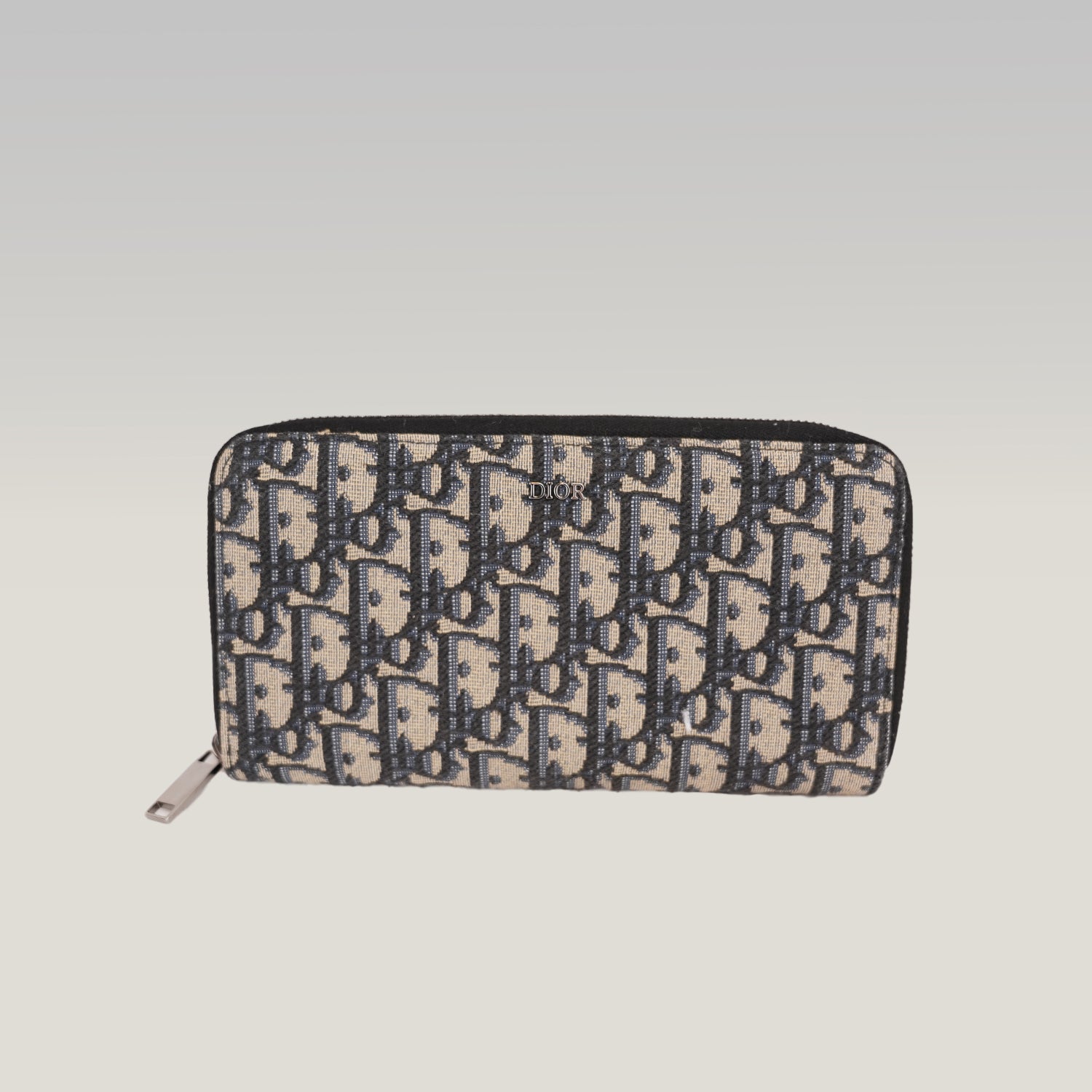 Dior Oblique Portafoglio Lungo Zip Around in Jacquard Beige e Blu con Finiture Nere