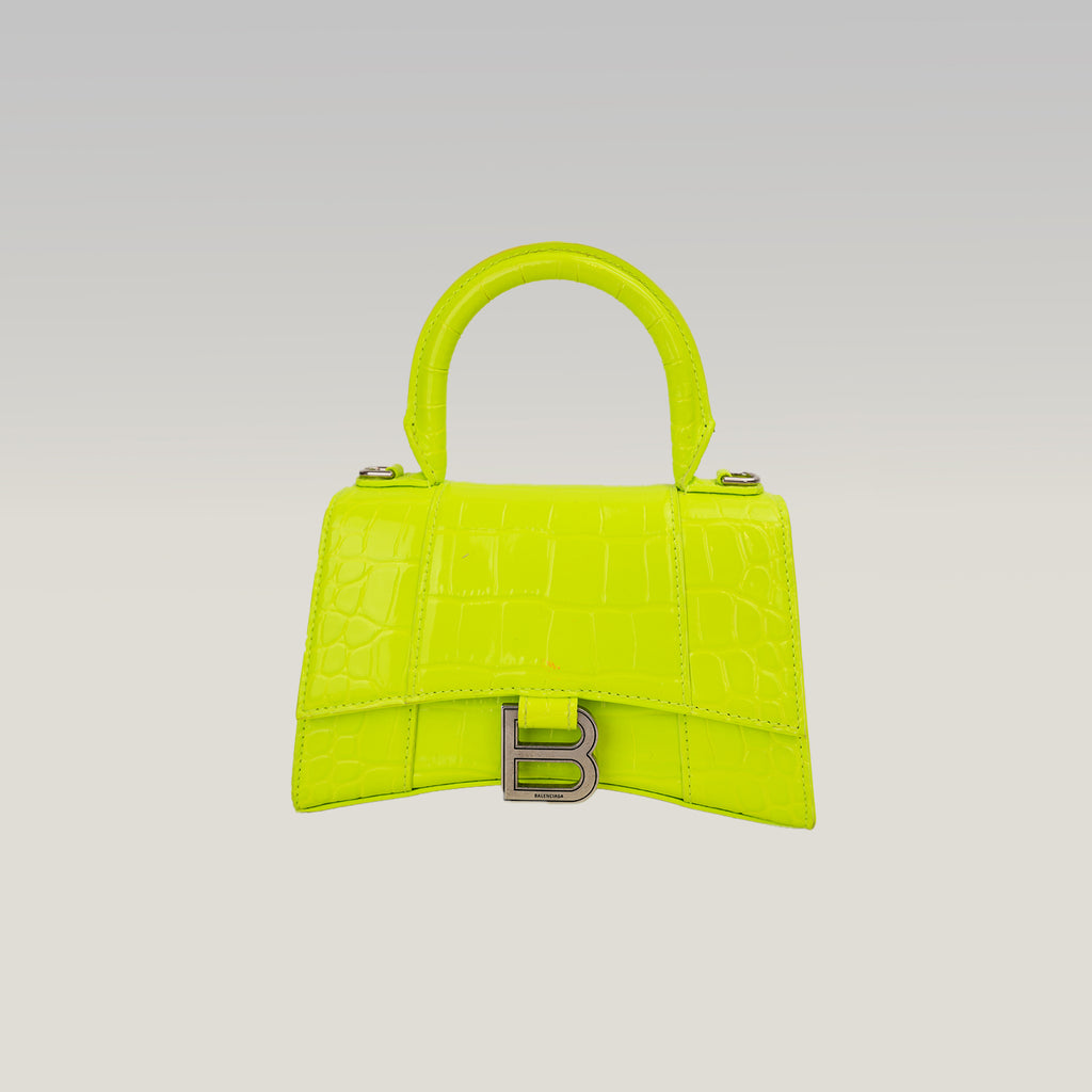 Balenciaga Hourglass XS Borsa a Mano in Pelle Effetto Coccodrillo Giallo Fluo con Logo B Argentato