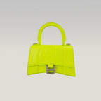 Balenciaga Hourglass XS Borsa a Mano in Pelle Effetto Coccodrillo Giallo Fluo con Logo B Argentato