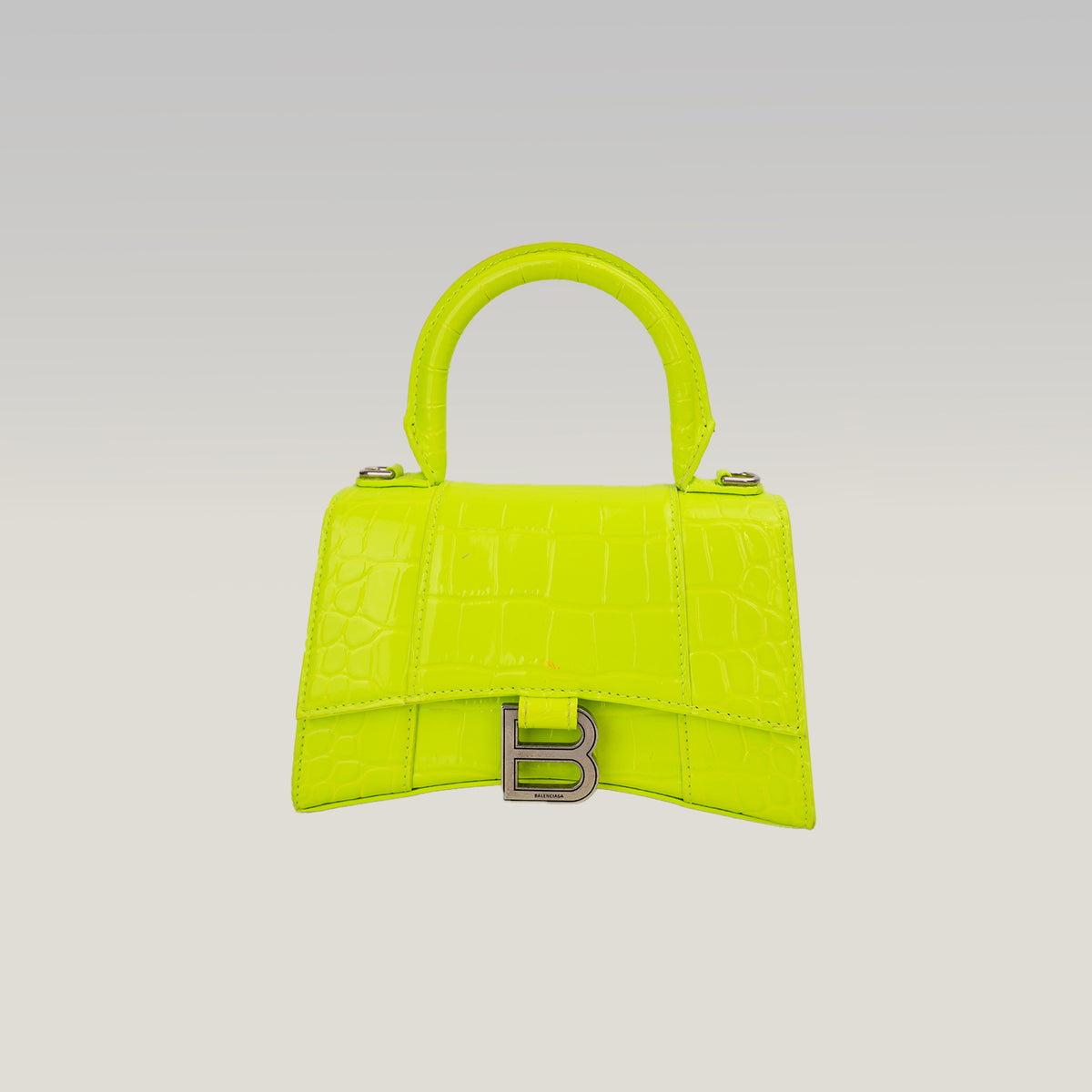 Balenciaga Hourglass XS Borsa a Mano in Pelle Effetto Coccodrillo Giallo Fluo con Logo B Argentato