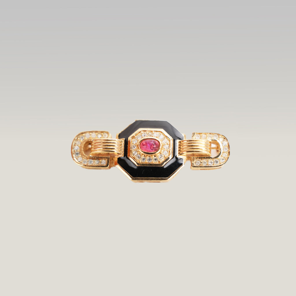 Dior Spilla Gioiello Vintage in Lega Metallica Dorata con Strass Smalto Nero e Pietra Rossa