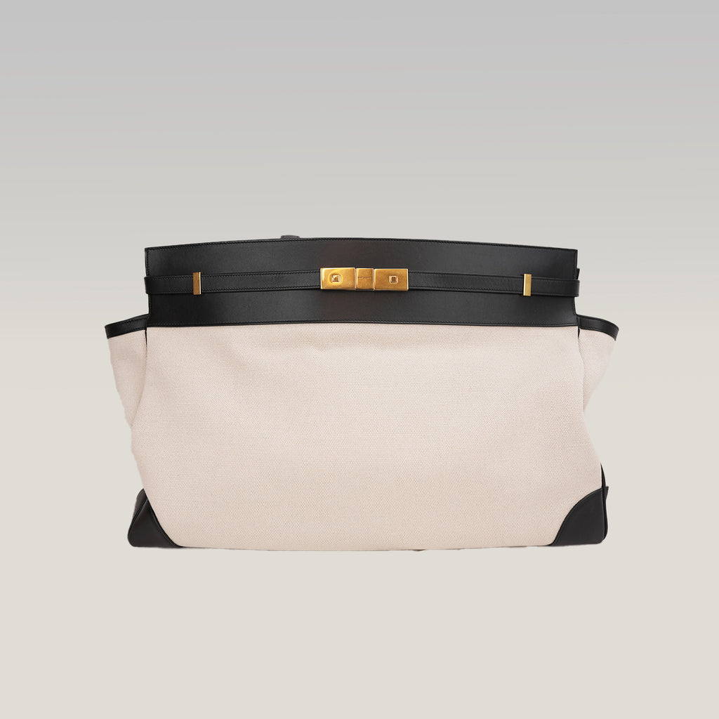 Saint Laurent Manhattan Large Shopping Tote White Canvas Black Leather Trim Shoulder Bag