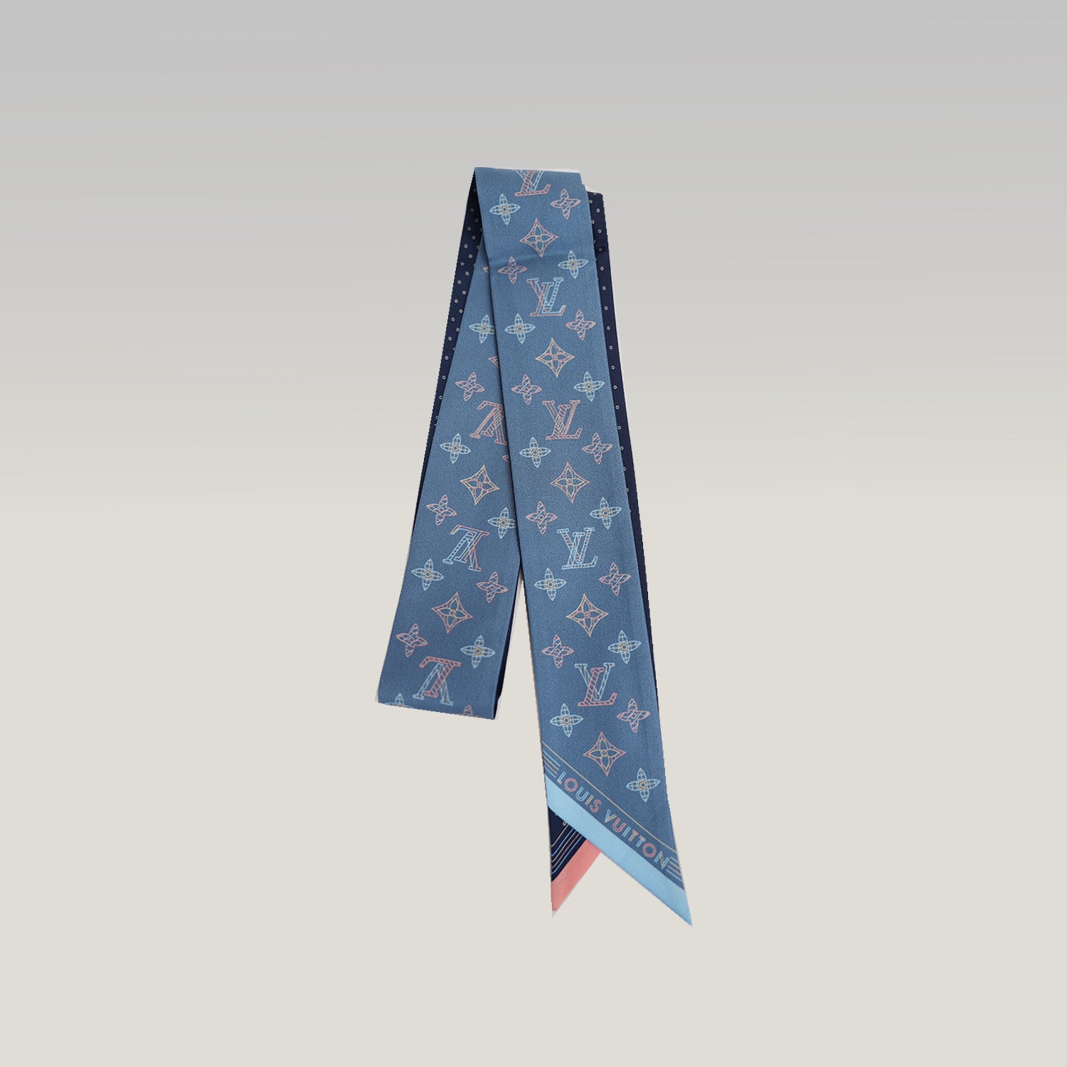 Louis Vuitton Bandeau Silk Scarf Blue Pink Monogram Travel Print Twilly