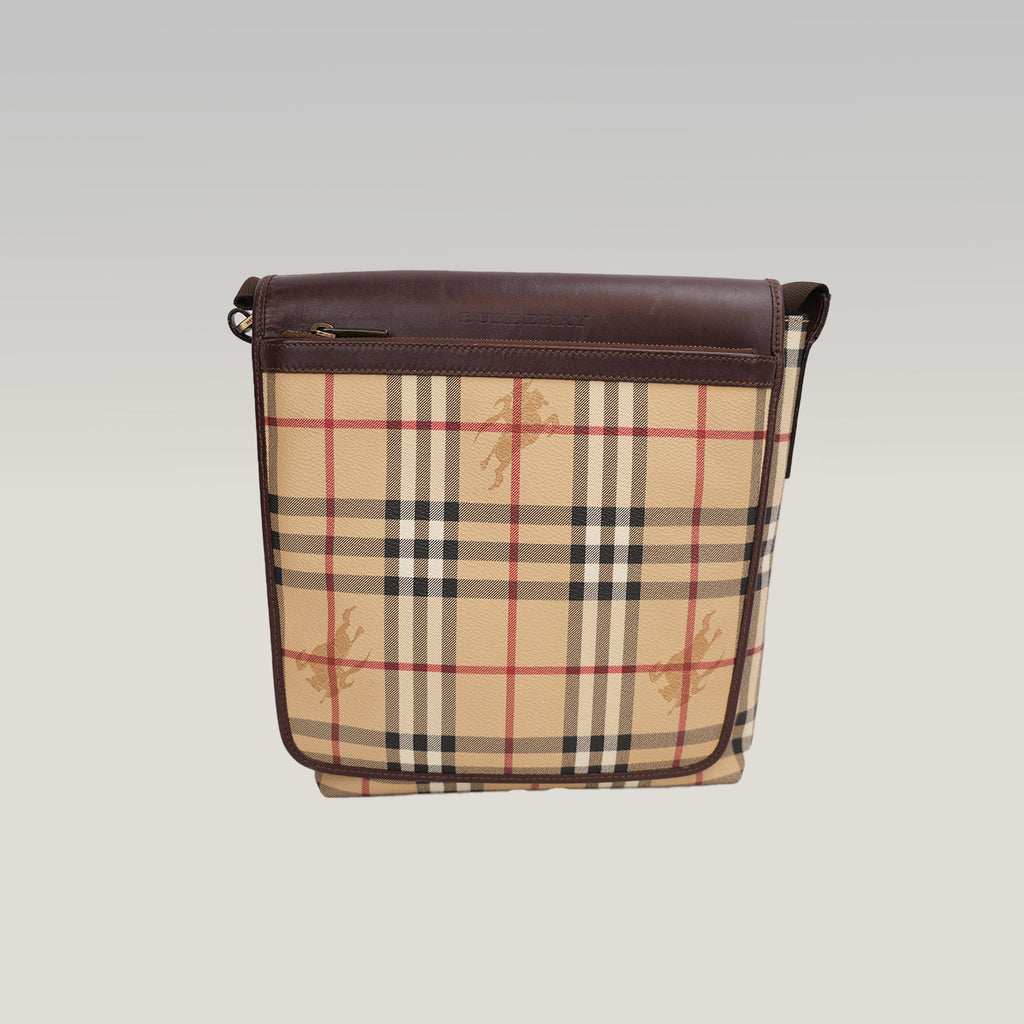 Burberry Vintage Nova Check Messenger Bag Beige Canvas & Brown Leather Crossbody Bag