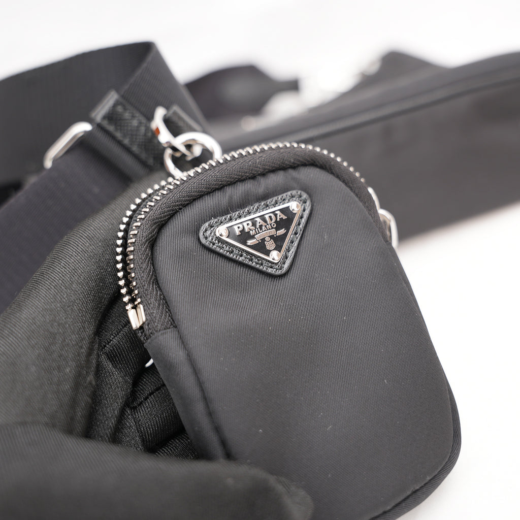 Prada Mini Hobo in Nylon Nero con Pouch e Tracolla